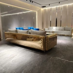 Artistic Luxury Living Room Sofa Set with Hand-Hammered Gold Stainless Steel Frame & Pleated Velvet Upholstery